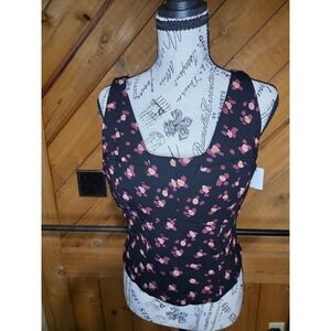 CAbi Floral Top Black Pink Yellow Abstract Print Sleeveless